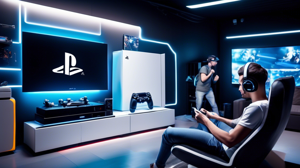 Create an image showing a sleek, modern gaming setup featuring a white PS4. In the foreground, capture gamers enthusiastically enjoying their gameplay, showcasing their excitement and immersion. Surround the scene with positive gamer reviews and ratings displayed as digital overlays, emphasizing the high community approval. Ensure to highlight tips for availability and purchasing, with subtle hints like online retail logos or shopping carts. Keep the overall atmosphere vibrant and joyful, reflecting the enhanced gaming experience that the white PS4 brings.