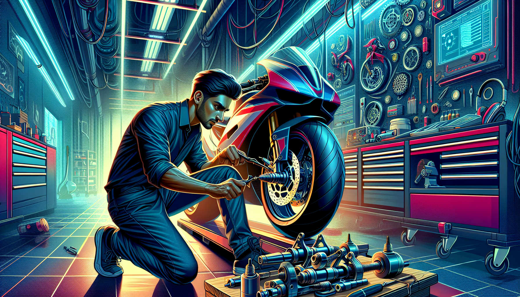 Digital artwork of an engineer optimizing the motorcycle axle on a high-performance racing bike, highlighting adjustments for enhanced speed, balance, and agility in a futuristic workshop setting.