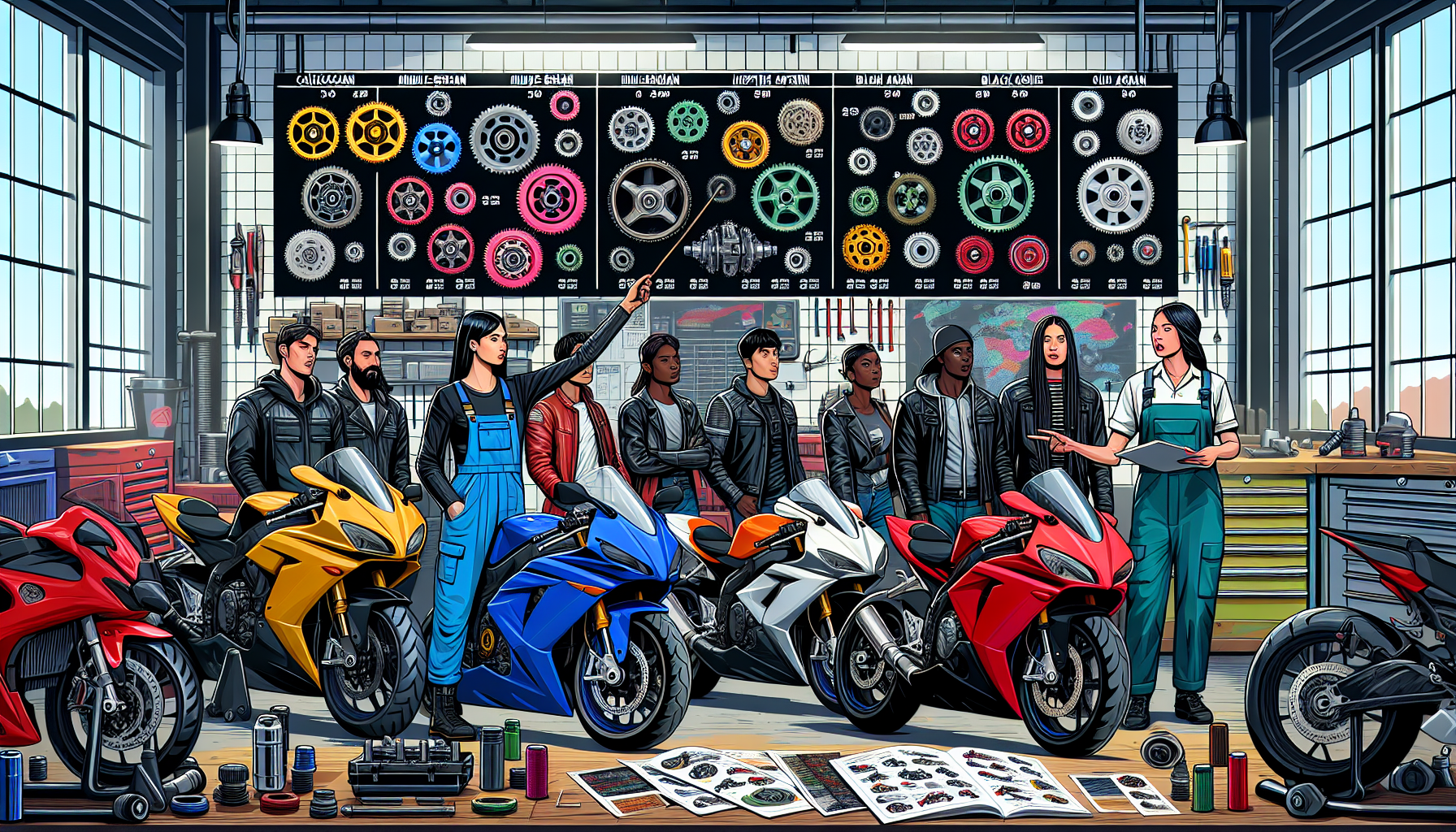 Image of a diverse group of motorcyclists, each riding different types of motorcycles such as sportbikes, cruisers, and touring bikes, gathered in a mechanic