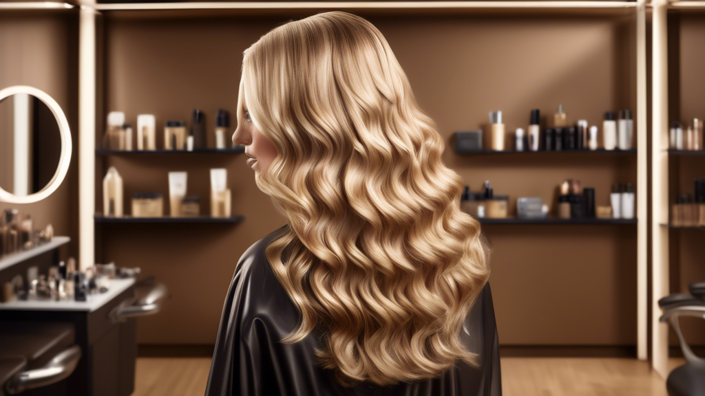 Create an image showcasing stylish blonde foils on light brown hair. Visualize a model with softly curled light brown hair featuring blonde foils. The background is a professional salon setting with stylist tools visible. The model is showcasing various hairstyles like waves and braids that highlight the dimensional effect of blonde foils. Texturizing sprays and volumizing mousse can be seen on a shelf in the background. The overall atmosphere should convey elegance, beauty, and modernity.