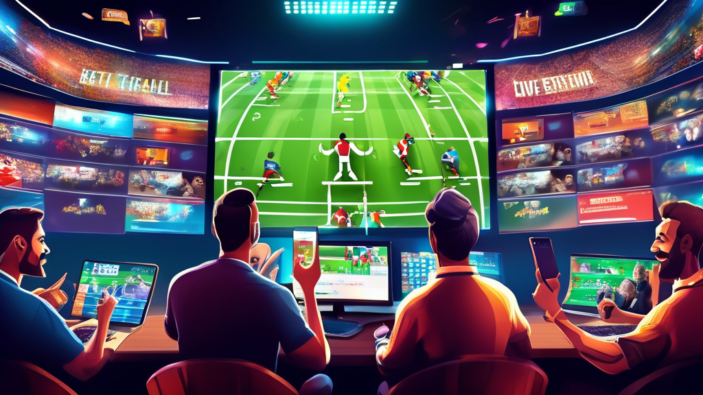 An action-packed scene depicting the excitement of live sports betting, showcasing a diverse group of enthusiastic bettors watching a thrilling sporting event on multiple screens. Include elements like live odds flashing on the screen, a close-up of a smartphone displaying a betting app with real-time updates, and colorful graphics representing various sports such as soccer, basketball, and horse racing. Capture the energy and engagement of the crowd, emphasizing the dynamic nature of online sports betting.