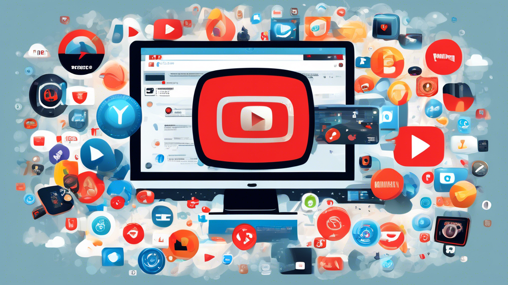 A highly detailed digital illustration showcasing a collage of screens and web browsers displaying various top YouTube proxy websites. Each screen features unique interfaces, logos, and icons to represent different proxy services. Overlapping elements include icons for security, speedometers for performance, and ease-of-use badges. The background subtly incorporates technology elements like cloud icons, padlocks, and network symbols to signify security and seamless connectivity. The overall atmosphere should be modern, tech-savvy, and inviting, reflecting the pros and cons of each proxy website.