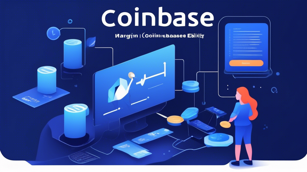 Create an image that visually represents the process of getting started with Coinbase Margin Trading. The image should include a series of illustrated steps such as checking eligibility requirements, enabling margin trading on a Coinbase account, and funding the margin account through deposits and withdrawals. Integrate elements like a computer screen showing the Coinbase platform, a checklist for eligibility, a toggle to enable margin trading, and a flow of funds into the account.