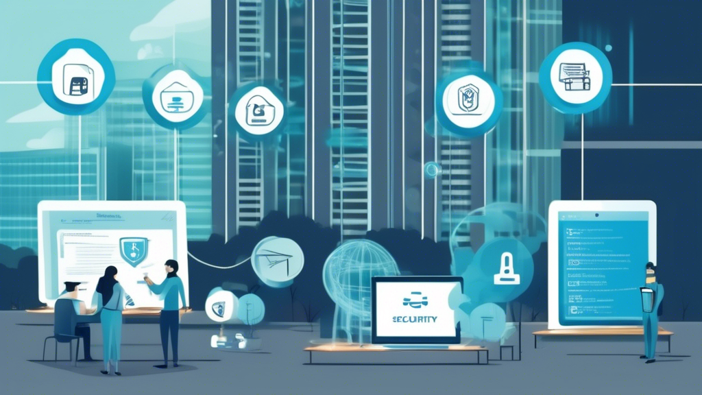 DALL-E prompt: Create an image depicting the security features of Cisco AnyConnect. The scene includes a network setup with various devices like laptops and smartphones securely connected, various security protocols represented by padlocks, shields, and security certificates. In the background, a corporate building symbolizes the enterprise environment. Include symbolic representations of good security practices such as a checklist or shield icons for 