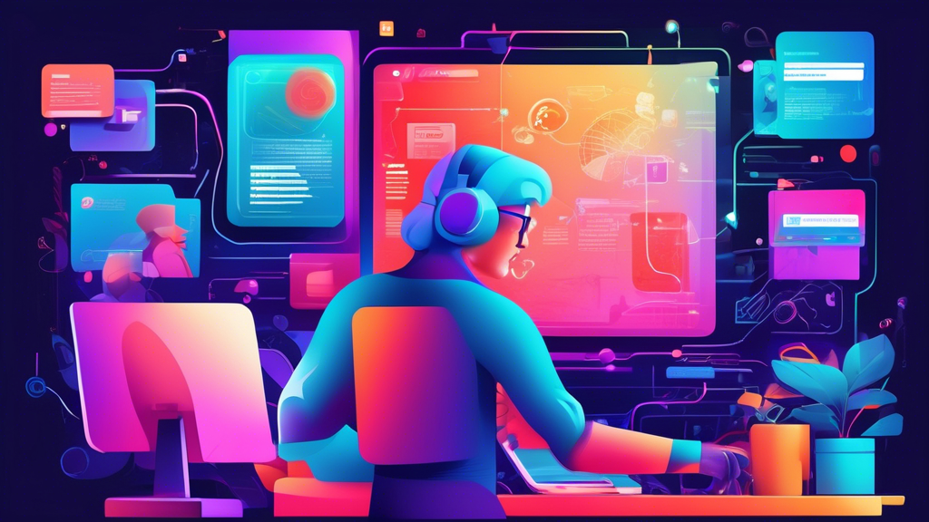 Create a detailed digital illustration depicting a modern-day user interacting with a computer, with a vibrant and dynamic interface showcasing various active Newsgroups. Include different topics like technology, hobbies, and sciences, displayed in a visually engaging manner. The background should include subtle nods to older internet aesthetics with a contemporary twist, symbolizing the ongoing relevance and utilization of Newsgroups in the digital age.