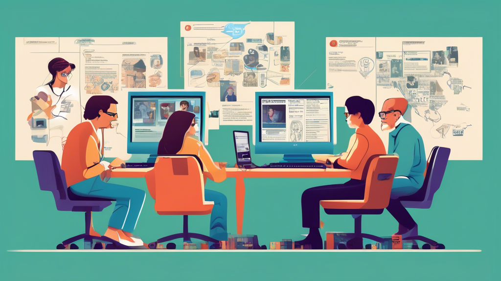 Create a digital illustration that shows the evolution and future of newsgroups in a connected world. The scene is divided into three parts:

1. The left side depicts the early days of newsgroups in the 1980s-1990s with an old computer, simple user interface, and a few people interacting in a digital forum.
   
2. The center shows the present, with more modern computers, smartphones, and tablets, and a diverse group of people using various devices to access newsgroups, symbolizing their current relevance.

3. The right side envisions the future, with advanced technologies like virtual reality and holograms, where people are still engaging in discussions, symbolizing the enduring potential and adaptation of newsgroups in a highly connected, futuristic world. 

Background should seamlessly blend the timelines, showcasing the gradual progression of technology and interaction.