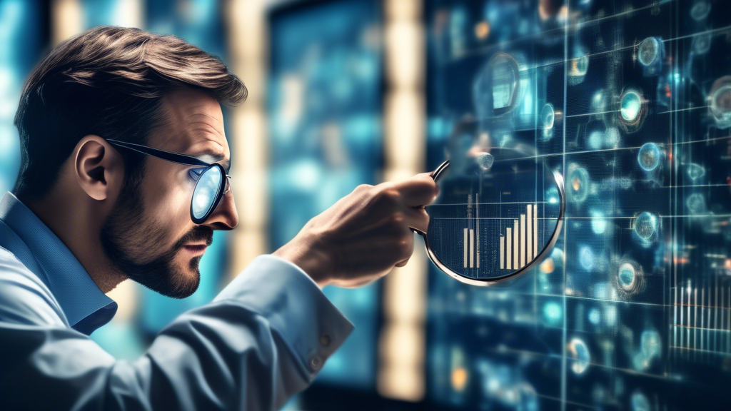 An investor examining through a magnifying glass various screens displaying the credibility metrics, user reviews, community feedback, and cost comparisons of different trading signal providers, emphasizing meticulous scrutiny and informed decision-making in the context of choosing the best signal provider.