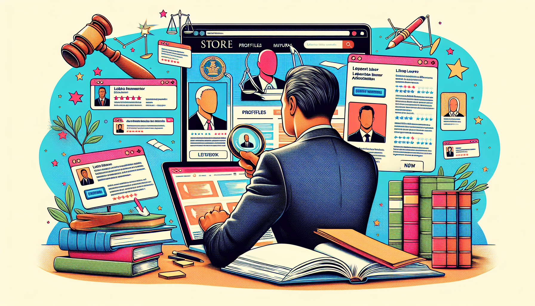 An individual researching on a laptop, surrounded by books and legal documents, displaying various lawyers
