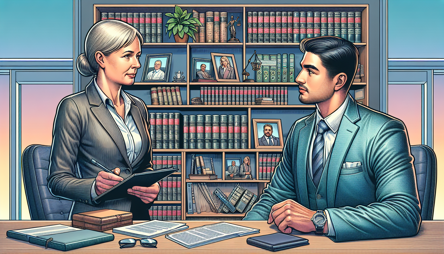 Image of a serious and professional meeting where a potential client, a middle-aged woman, is sitting across from a confident injury lawyer in a well-organized office. In the background, there are shelves filled with law books and certificates. The client is holding a notepad and asking questions, focusing on topics such as the lawyer