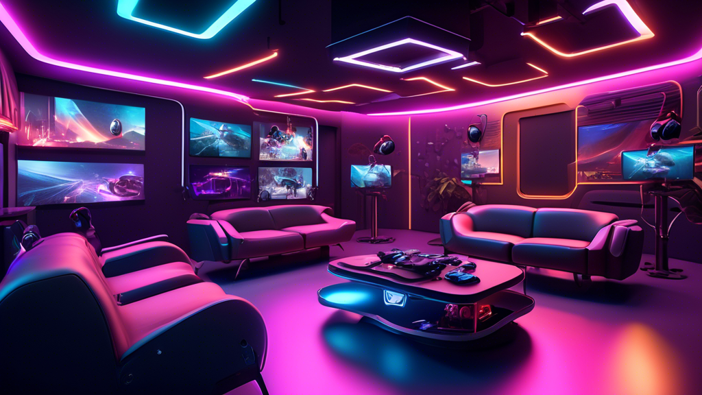 Create a high-quality image depicting the essential infrastructure for starting a VR gaming business. The image should feature a vibrant and futuristic setting that includes:

1. A selection of various VR headsets and controllers on display, representing the evaluation of different hardware options.
2. A modern gaming lounge with high-end VR setups: comfy seating, spacious room layouts, and engaging lighting effects.
3. A sleek computer station with dual monitors showcasing the setup of VR software platforms and digital management tools.
4. An online presence element: a large screen displaying a well-designed VR gaming website and active social media channels.
5. A touch of innovation, like augmented 3D models or holographic interfaces, to highlight the cutting-edge nature of the business.

Text Overlay: Building Your VR Gaming Business Infrastructure: From Technology to Spaces.