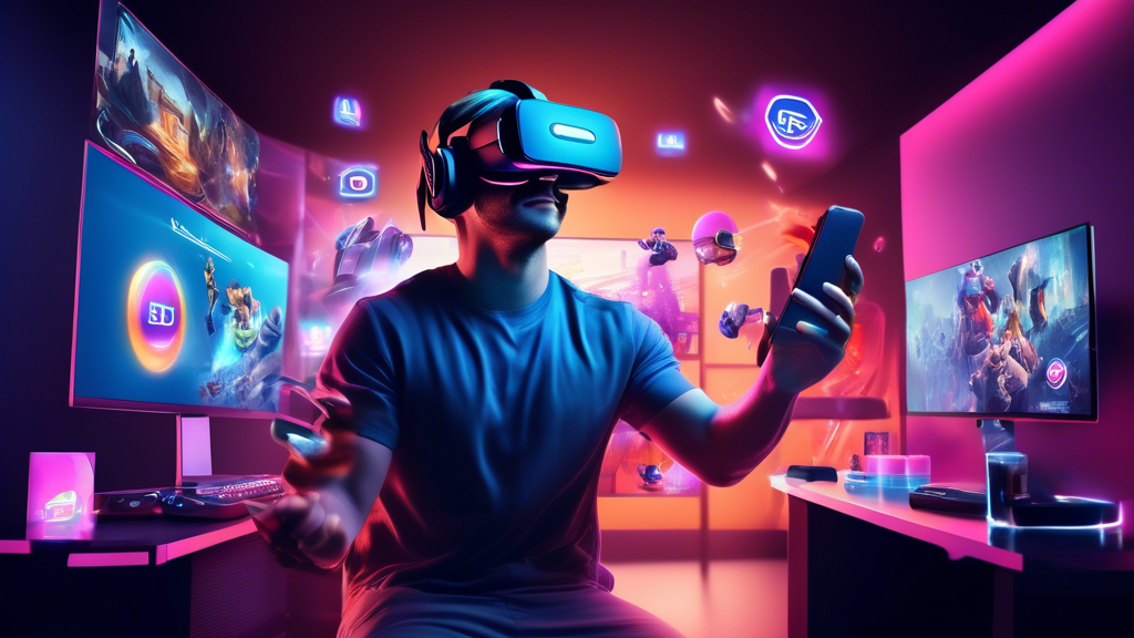 Create an image showing a modern VR gaming business with vibrant marketing strategies in action. Showcase a bustling scene where social media campaigns, influencer endorsements, and content marketing merge within a sleek digital and physical environment. Highlight aspects such as VR headsets and gaming setups with visible advertisements, social media icons, and user engagement statistics. Include a section on revenue models like subscription plans, memberships, and pay-per-play options prominently displayed on digital screens.