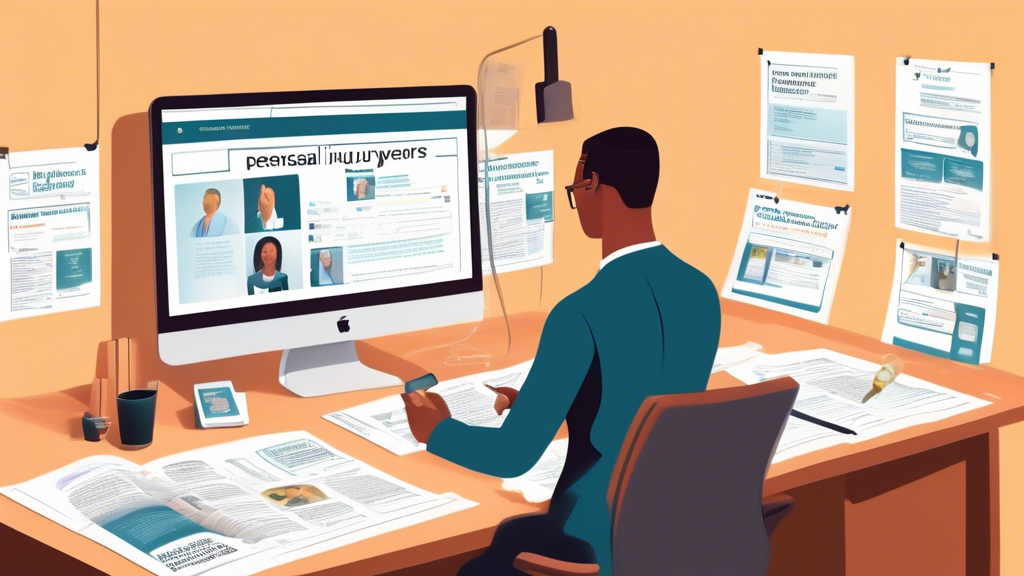 A detailed, digital illustration showcasing a person using various methods to search for the top personal injury lawyers near them. The scene includes a computer screen displaying an online legal directory, a smartphone with a search engine query, and a community bulletin board with legal advertisements. Legal books and a local bar association pamphlet are present on a nearby desk, highlighting multiple resources. The central figure appears focused and determined as they navigate through these tools to find reputable personal injury lawyers.
