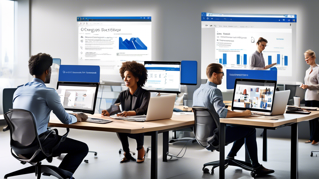 Create an image that showcases a modern office setting where colleagues are collaboratively working on a shared document using OneDrive for Business. The image should highlight the seamless integration of file-sharing and real-time editing tools on their devices - laptops, tablets, and smartphones. Include visual elements indicating file organization, offline functionality, and automated backups, symbolizing productivity enhancements. Incorporate subtle OneDrive for Business branding for context.