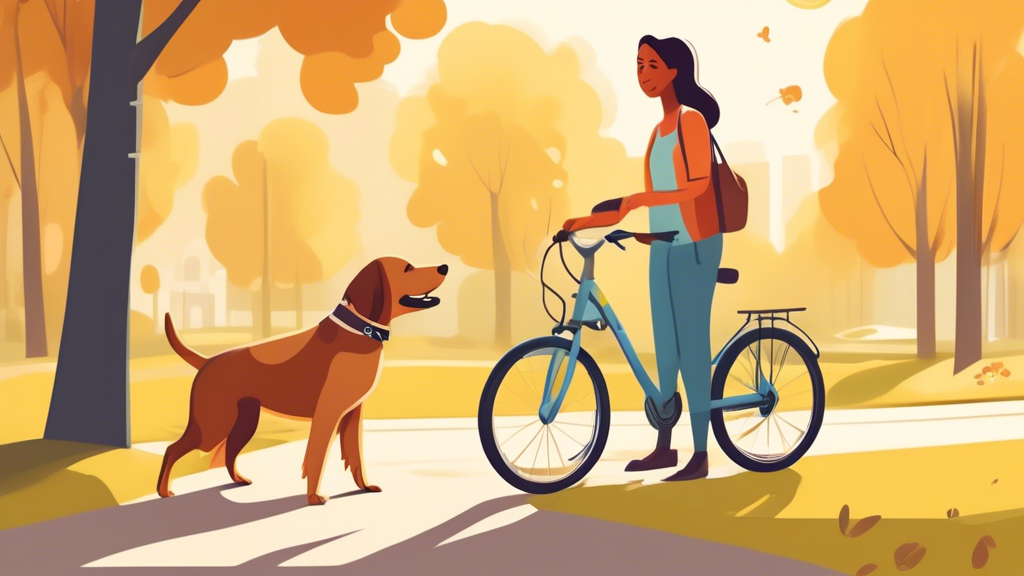 Create an image illustrating the following scene: A dog owner in a sunny, open park setting is shown gently introducing a dog bike leash to their dog. The scene captures various stages of the training process - the dog sniffing the new equipment, practicing short walks with the leash, and rewarding the dog with treats and praise. The dog appears happy and relaxed, suggesting a positive and patient training environment. This visual guide aims to emphasize the step-by-step approach to making the dog comfortable and familiar with the bike leash.