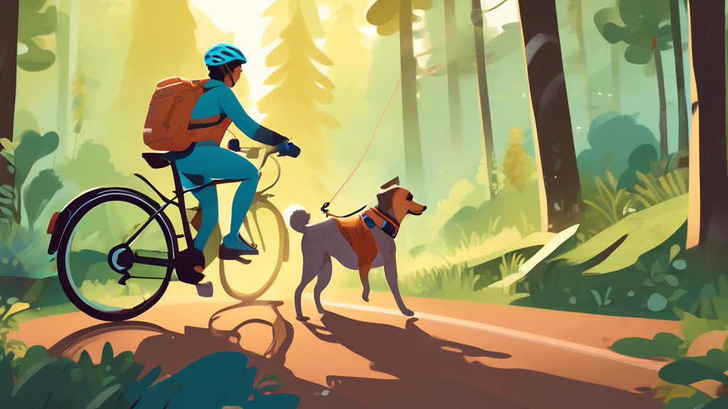 A digital illustration of a person riding a bike with a dog securely attached using a bike leash. The person and dog are both equipped with safety gear - the person wearing a helmet, reflective vest, and knee pads, and the dog sporting a padded harness and paw protectors. The scene showcases them riding on a forest trail with a variety of terrains and a clear, sunny sky. The background features natural elements like trees and a gentle incline to illustrate navigating different terrains. The overall mood of the image exudes caution, adventure, and the bond between the owner and the dog.