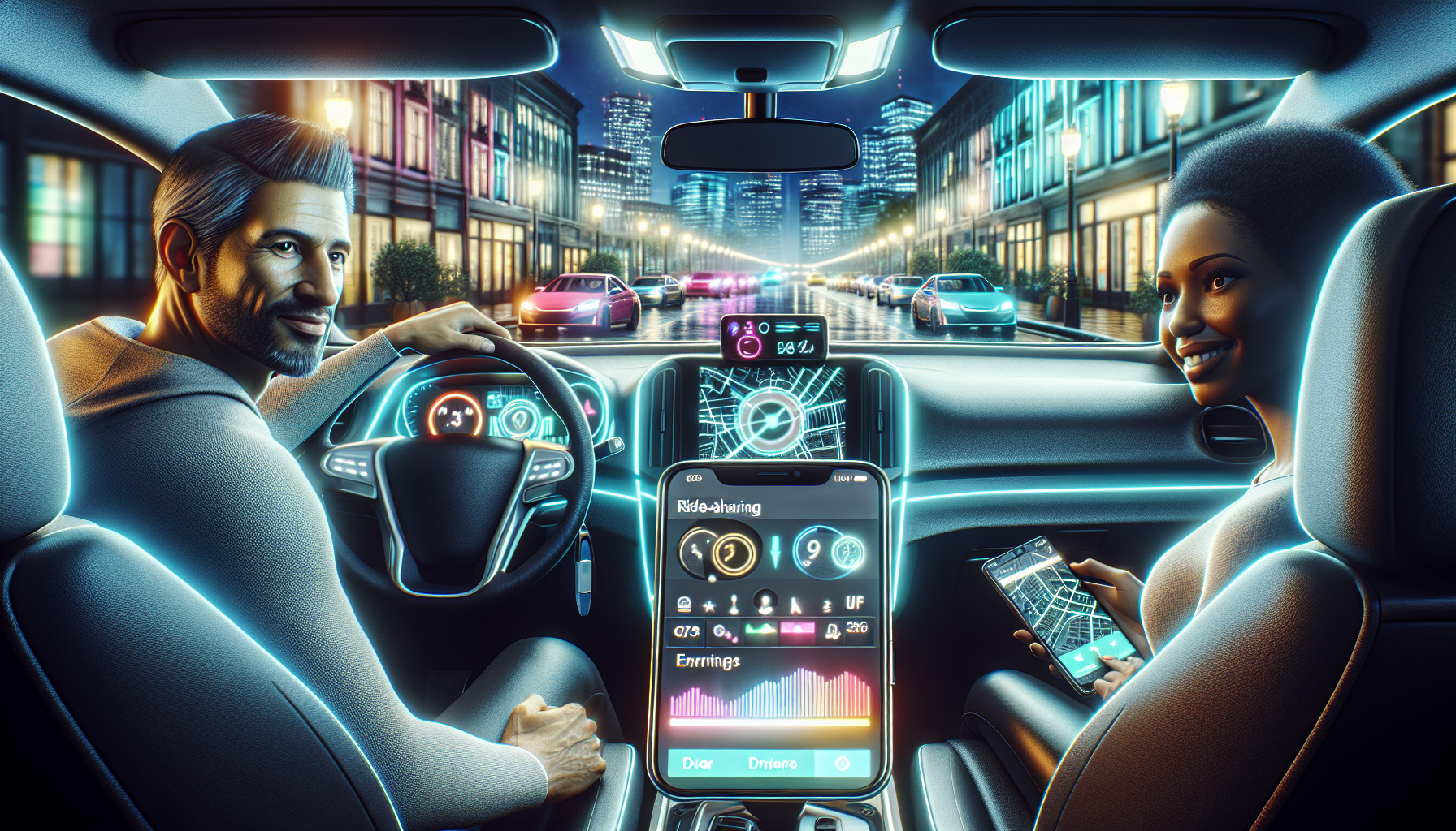 Create an image illustrating a ride-sharing driver operating a car, highlighting the profitable nature of this side job. The scene should feature a driver happily interacting with a passenger in a well-maintained car adorned with Uber and Lyft stickers. The background should include an urban setting with bright lights, emphasizing a busy and lucrative atmosphere. Add elements like a GPS device or a smartphone mounted on the dashboard, and an earnings tracker on the driver