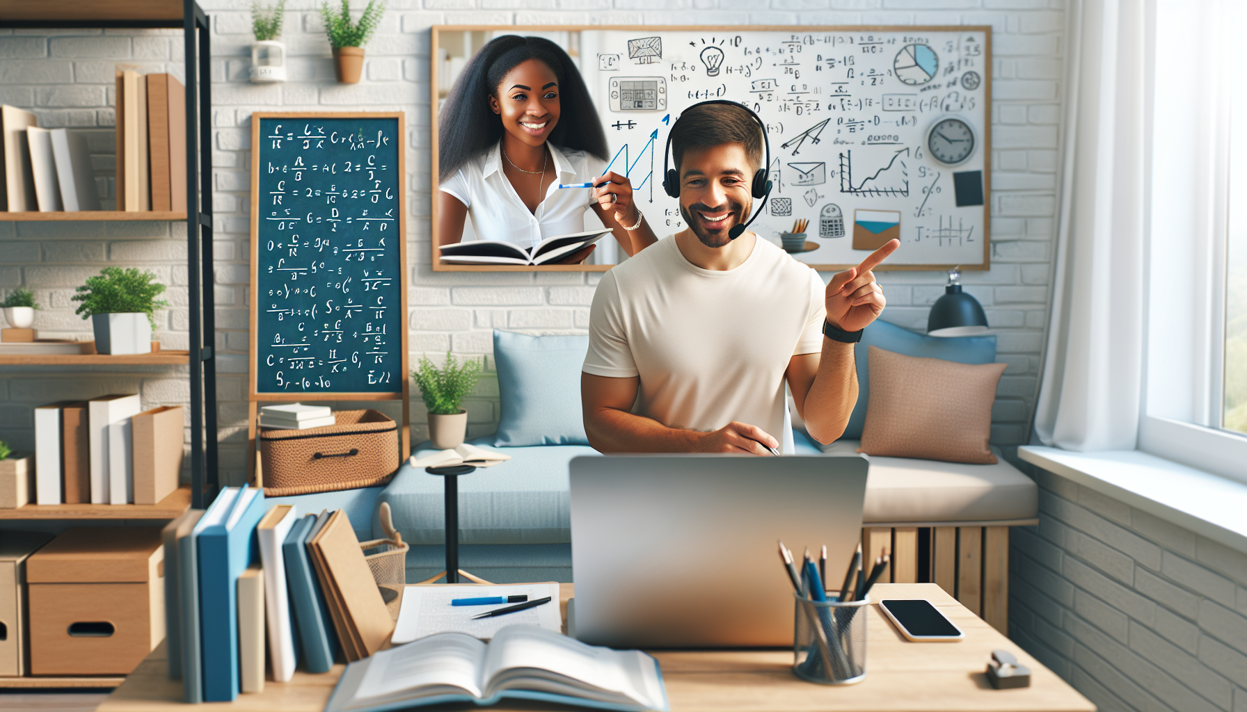 Create an image depicting a cozy home office with a tutor engaged in an online tutoring session with a student. The scene includes a tidy desk with a laptop, educational materials like books and notebooks, and a whiteboard with math equations. The tutor, appearing enthusiastic and attentive, is wearing a headset and pointing at the whiteboard. The student, seen on the laptop screen, is diligently taking notes. Make sure the setting emphasizes a comfortable and productive remote-working environment.

Keyword: side jobs to earn money