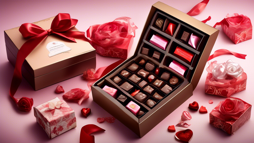 An array of luxury and artisan valentines chocolate boxes artistically displayed, showcasing various shapes and sizes with intricate designs, nestled amidst satin ribbons and floral decorations, emphasizing the craftsmanship and personalized options mentioned in the article.