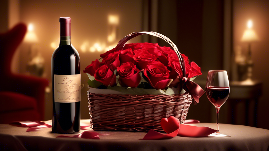 An elegant couple exchanging a beautifully crafted, heart-shaped chocolate gift basket adorned with red roses and a bottle of fine wine, set against a romantic backdrop with soft lighting and thoughtful, personalized packaging that includes a handwritten love note.