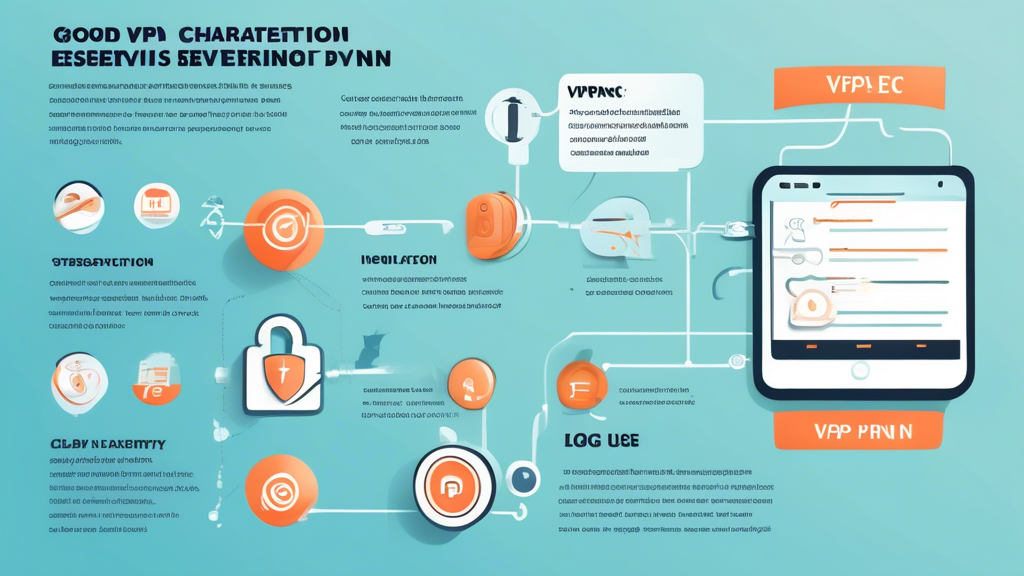 A detailed infographic showcasing the essential characteristics of a good VPN service. Highlight important security features such as encryption and a strict no-log policy. Include icons or symbols representing high-speed performance, wide server availability, and ease of use. The layout should be clear and user-friendly, possibly with a checklist format. Use a modern and tech-savvy design to appeal to an audience concerned with online security and privacy.