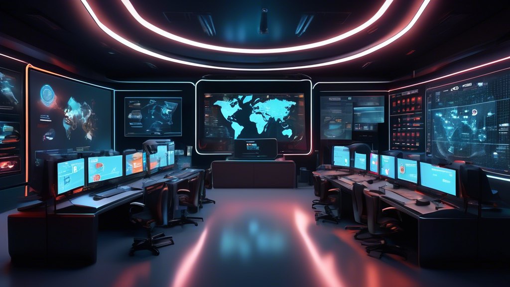 Create an image of a futuristic, high-tech control room showcasing large holographic screens displaying logos and features of top online privacy companies like DuckDuckGo, ProtonMail, and Signal. The room should have a sleek, modern design with an emphasis on cybersecurity elements such as encrypted data streams and shield icons. The overall theme should evoke a sense of vigilant protection and cutting-edge technology dedicated to online privacy.