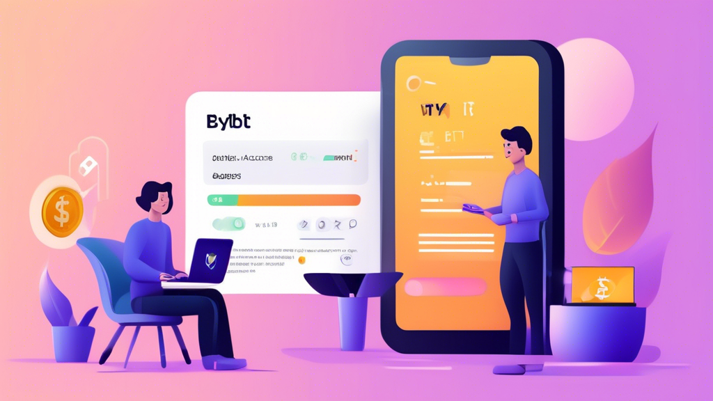 Create an image that illustrates a step-by-step guide for starting with Bybit Exchange, including signing up, verifying an account, and making deposits or withdrawals. The scene should be a split-screen, showing a user-friendly interface with checklists and progress bars, animated icons of cryptocurrencies, and a user in front of a computer completing these steps. The visual style should be clean, modern, and educational. Text overlay with keywords like Bybit Exchange, Sign Up, Verify Account, Deposit Funds, and Withdraw should be included.