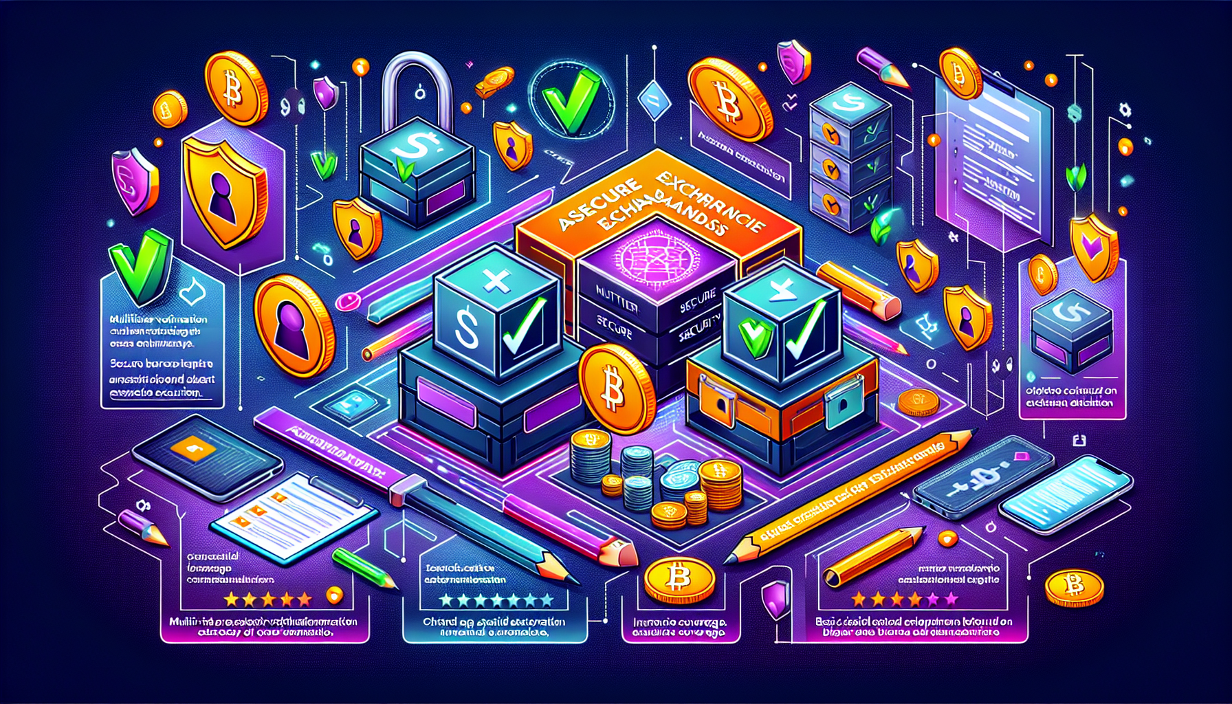 A detailed digital illustration showing the evaluation criteria of the safest cryptocurrency exchanges. The image highlights key security features like multi-factor authentication, secure asset storage, and insurance policies. Include visuals of renowned crypto exchanges with checkmarks indicating their safety measures, and incorporate symbols of security such as padlocks, shields, and safe vaults. Also, add an infographic or annotation style with practical tips on how to assess the safety of a crypto exchange before registering.