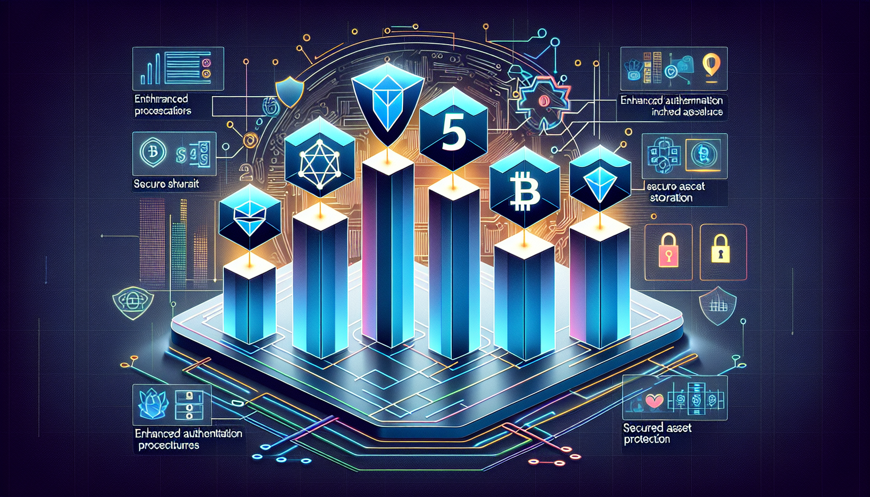 An image featuring a visually engaging infographic that highlights the top 5 safest cryptocurrency exchanges in 2023. Each of the five exchanges is represented with its logo, followed by a list of unique safety features such as advanced authentication steps, secure asset storage, and insurance coverage. Background elements include digital locks, shields, and secure vaults to symbolize robust security measures. A subtle high-tech and futuristic theme ties the elements together.