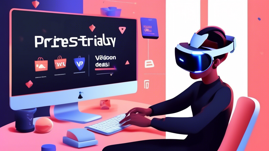 Create an image depicting Insider Tips for Securing the Best PlayStation VR Deals. Show a person at a computer comparing prices on various e-commerce websites with Black Friday, Cyber Monday, and Prime Day banners on the screen. Include icons or logos for price comparison tools and deal-tracking websites in the background, with notifications popping up from newsletters and alert services offering the latest deals on PlayStation VR. The atmosphere should be dynamic and engaging, emphasizing the excitement of finding great deals. Keywords: PlayStation VR, best deals, Black Friday, Cyber Monday, Prime Day, price comparison, deal tracking, newsletters, alerts.