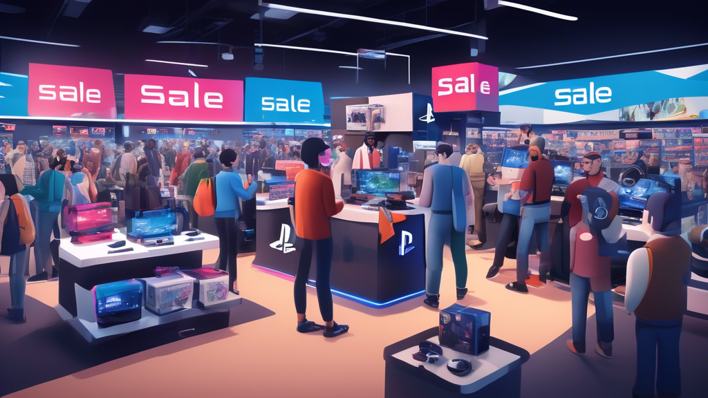 Create an image featuring a bustling electronics store with a prominent PlayStation VR display showcasing a 