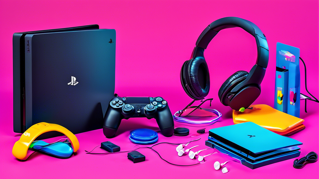 Create an image of a PS4 Slim console surrounded by various gaming accessories such as a wireless controller, gaming headset, and cooling stand. The background should show a user-friendly setup guide, highlighting essential tips and troubleshooting steps for the PS4 Slim. The scene should be vibrant and organized, reflecting a modern gamer’s environment.