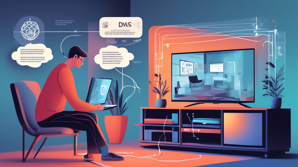 Illustration of a person troubleshooting a DNS server configuration for a smart TV, with visual elements showing common configuration errors, connectivity issues, and advanced tips for optimal DNS performance. The setting should include a modern living room with a smart TV displaying a 