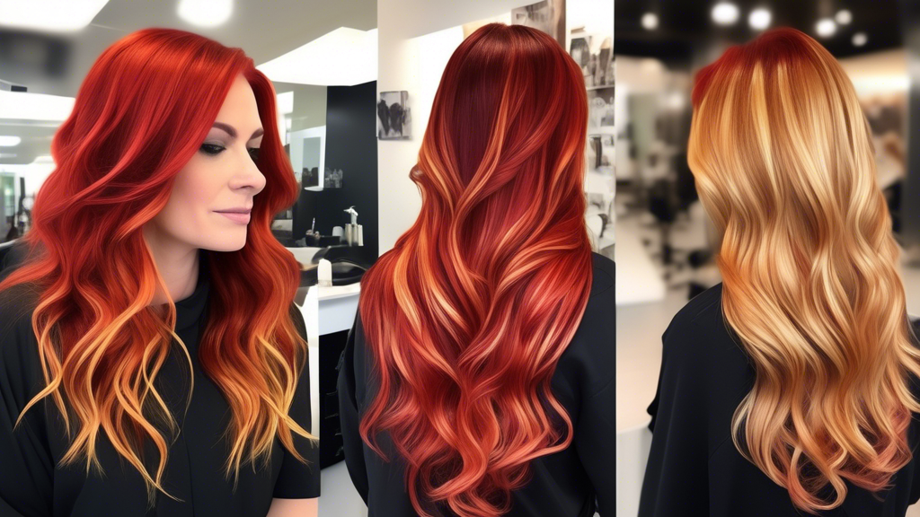 Prompt for DALL-E:

Create a detailed image of a woman with vibrant red hair getting blonde foils applied in a stylish salon. Highlight the eye-catching contrast of the blonde streaks against her red hair. Include a split panel showing a 