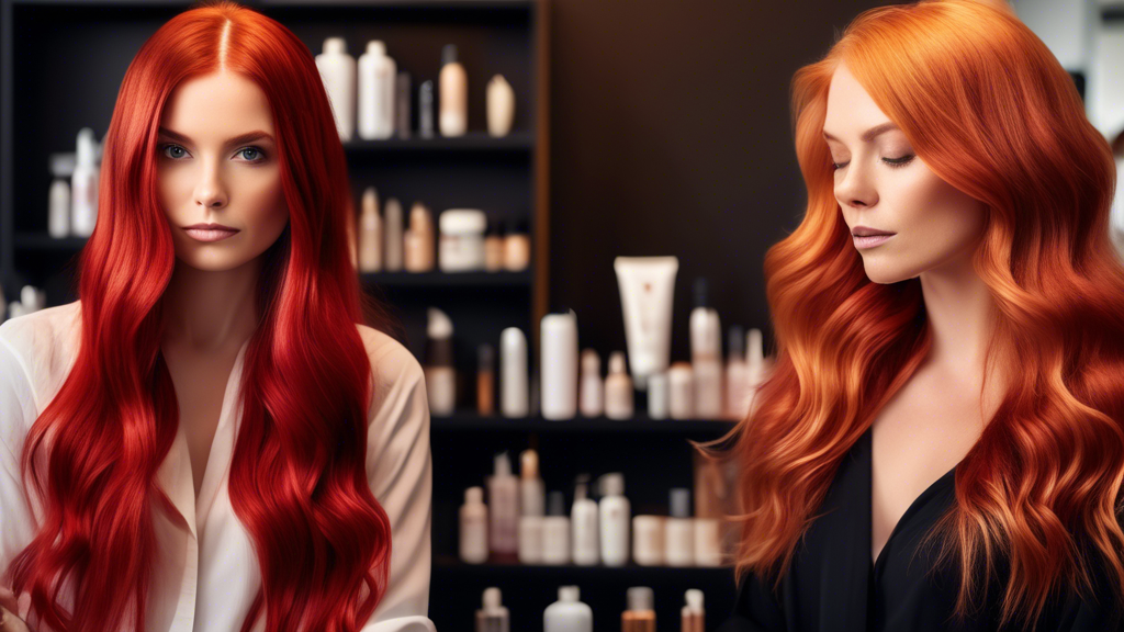 Create an image showcasing a woman with stunning blonde foils on vibrant red hair, focusing on the expert tips for maintaining the look. She is surrounded by various high-quality hair care products, like shampoos, conditioners, and leave-in treatments specifically designed for highlighted hair. The background features a salon setting with a stylist giving advice on aftercare. The overall atmosphere should convey the importance of proper maintenance for long-lasting and vibrant blonde foils.