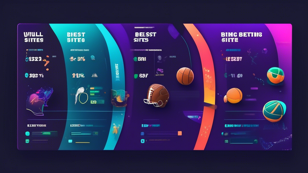 Create an image that visually represents a comparison chart of the best sports betting sites for 2023. The chart should include colorful graphics highlighting various features such as user interface, betting options, bonuses, and customer ratings. Incorporate elements like sports icons (football, basketball, etc.), graphs, and user reviews. The background should convey a dynamic and engaging atmosphere related to sports and online betting, using a color palette of green, gold, and blue to evoke a sense of excitement and reliability.