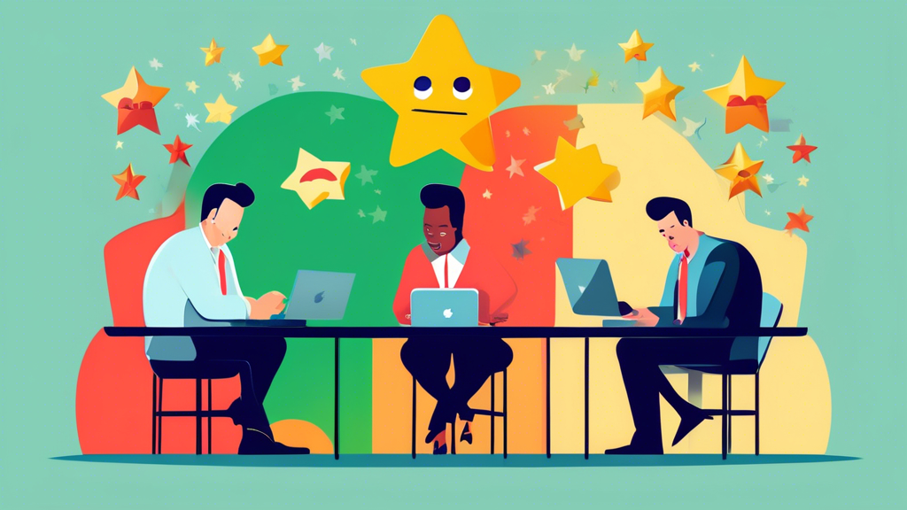 A split screen image. On one side, a confused business owner is surrounded by negative online reviews with a low star rating. On the other side, a cheerful business owner is surrounded by positive online reviews, a high star rating, and graphs showing increasing sales and customer engagement.