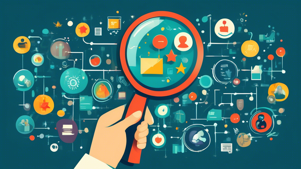 A hand holding a magnifying glass over a flowchart diagram with icons of business elements like price tags, stars, and charts. The words Choosing the Right Customer Review Software are incorporated into the image.