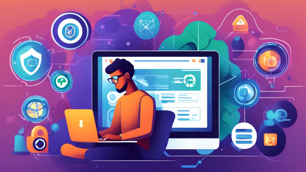 A detailed illustration of a person using a laptop and smartphone, navigating through advanced internet tools. The image highlights changing DNS settings on the laptop screen, while the Tor browser icon is visible in the system tray. On the smartphone, various apps for unblocking sites are open. The background includes elements representing security and privacy, such as a shield, lock icons, and encrypted data streams flowing around the devices.