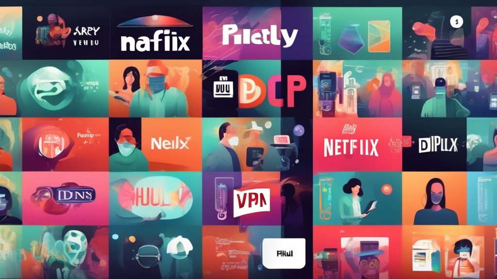 Create an image featuring an array of popular streaming services such as Netflix, Hulu, and BBC iPlayer being unlocked by a Smart DNS VPN. The image should show fast, unobstructed streaming with visual elements representing enhanced privacy and security, like encrypted connections and masked IP addresses, underscoring the benefits of faster connection speeds and unrestricted access to global content.