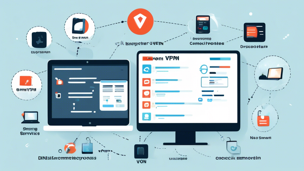 Create an image depicting the process of choosing a Smart DNS VPN service. Include a checklist with key features such as strong encryption, no-log policies, and reliable provider, alongside logos of popular Smart DNS VPN services like ExpressVPN, NordVPN, and Unlocator. In the background, show a variety of devices (computer, smartphone, and smart TV) with icons indicating seamless setup. The overall vibe should be informative, tech-savvy, and user-friendly.