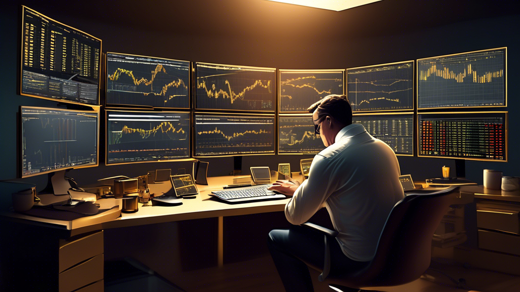 An animated illustration of a trader analyzing different quality free gold signals on multiple computer screens, incorporating tips and best practices into their forex trading strategy, while also noting common mistakes on a digital notepad in a modern, high-tech office environment.