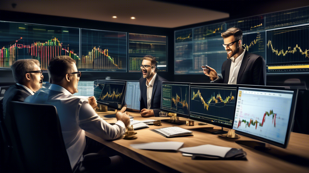 Visual representation of successful traders reviewing and discussing their trading charts, with emphasis on free gold signal forex cues, in a modern trading office environment. Highlight scenes from multiple case studies showing different traders celebrating successful trades, with digital screens displaying upward trending gold market graphs, symbolizing their financial gain and strategic decision-making.