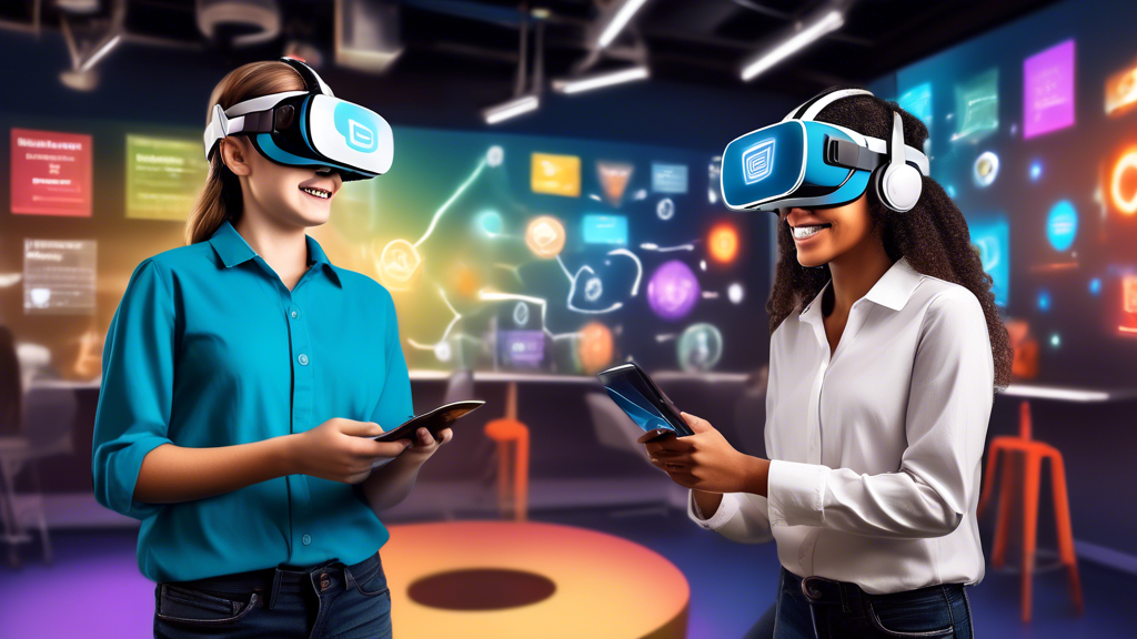 Create an image showcasing innovative VR education companies transforming learning experiences. Include visual elements representing company profiles and their key contributions to the educational sector, such as immersive classroom settings, virtual science labs, and interactive history lessons. Add diverse students and teachers using VR headsets in a modern educational environment, with vibrant elements depicting success stories and testimonials. Highlight a few branded VR company logos subtly in the background.