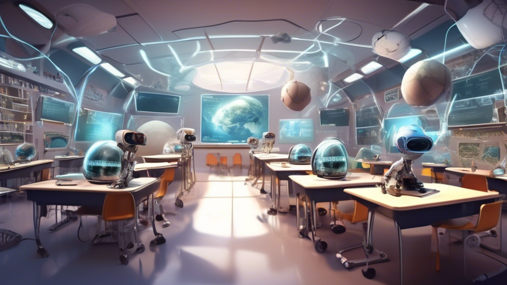 **DALL-E Prompt:** 

Create an image depicting the futuristic classroom of 2030, where virtual reality plays a central role in education. Illustrate advanced VR technologies and tools being used by students in various interactive learning scenarios, such as virtual laboratories, historical reenactments, and simulated scientific explorations. Include elements that show how VR is integrated with traditional teaching methods, such as students using VR headsets alongside physical textbooks and collaborative discussions. Show a teacher guiding students through these immersive learning experiences, while digital interfaces and holograms display information. The classroom should exemplify the long-term benefits and transformative potential of VR in education, with a focus on sustainable and diverse learning environments.