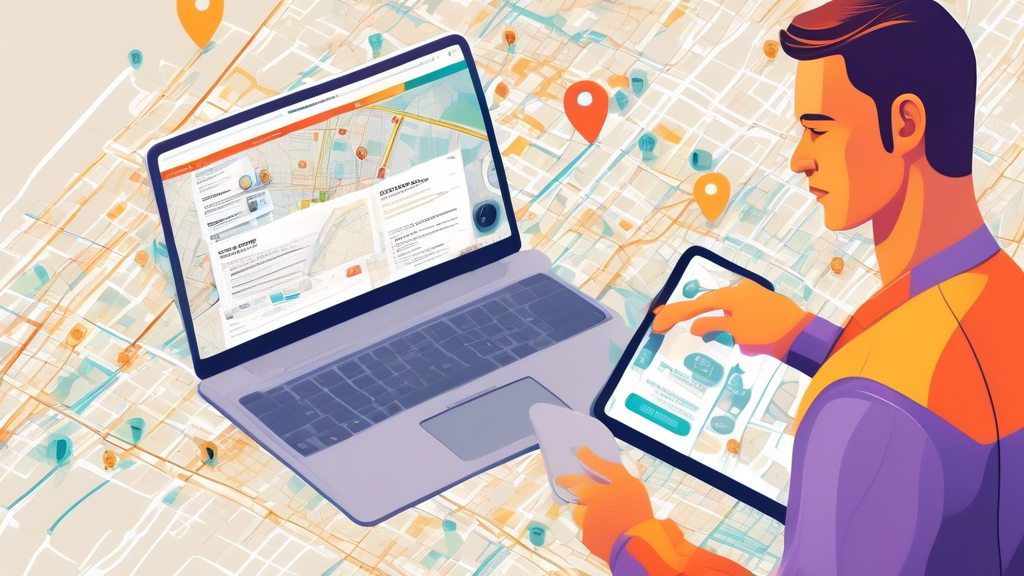 Create an image showcasing a driver using a laptop and smartphone simultaneously, searching online directories and maps for certified CDL DOT medical examiners. Include visual elements like a search engine with keywords CDL DOT Medical Exam Near Me and highlighted markers on a map pinpointing nearby medical facilities. The setting should be a cozy home office.