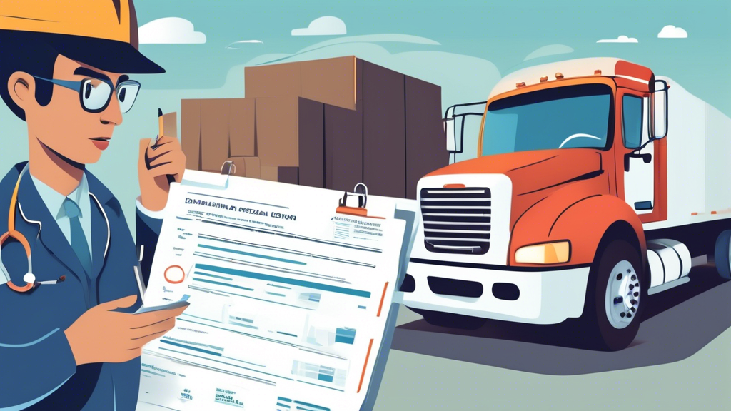 Illustration of a professional setting where a truck driver is preparing for their CDL DOT medical exam. The scene includes a checklist of required documents like medical history forms, identification, and other paperwork. A physician is seen explaining the impact of common medical conditions like hypertension and diabetes on CDL qualification, surrounded by medical equipment and charts. This image captures the importance of preparation and health assessment in ensuring road safety for commercial drivers.