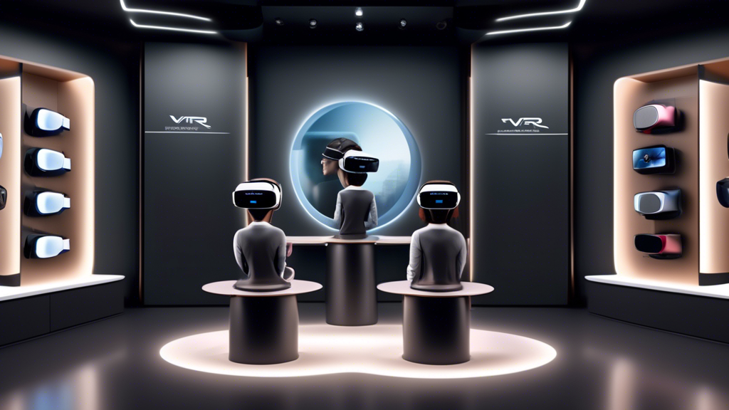 Create a high-resolution image of a sleek, modern showroom displaying the top VR headsets of 2023 for adults. Each VR headset should be showcased on individual pedestals with subtle spotlights. Include detailed information panels next to each headset, highlighting their key features, pros, and cons. The background should have a minimalist design with a futuristic touch. Shoppers of various ages can be seen trying out different VR headsets with controllers and accessories like external sensors. The image should convey a sense of advanced technology and high-end consumer electronics. Keywords to include: top VR headsets, adult consumers, advanced technology, 2023.