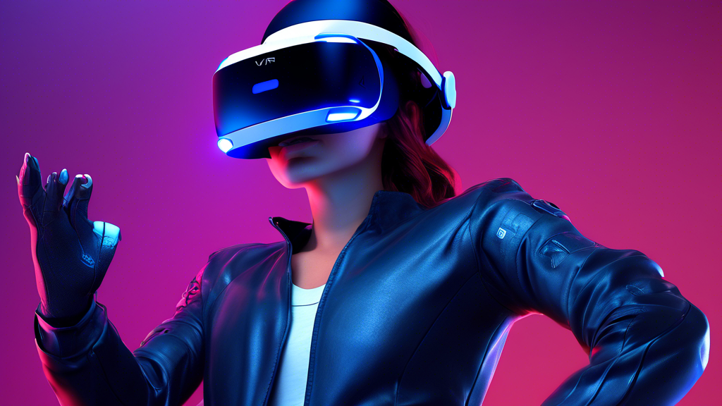 Prompt for DALL-E: Create an image showcasing the revolutionary features of the PS VR 2. Highlight the high-resolution visuals and expanded field of view with realistic, vibrant graphics. Feature advanced tracking systems and motion detection, demonstrated by a player fully immersed and interacting seamlessly in a virtual environment. Include the innovative controller designs with detailed haptic feedback to emphasize the tactile experience. Capture a futuristic and immersive gaming experience with cutting-edge technology.