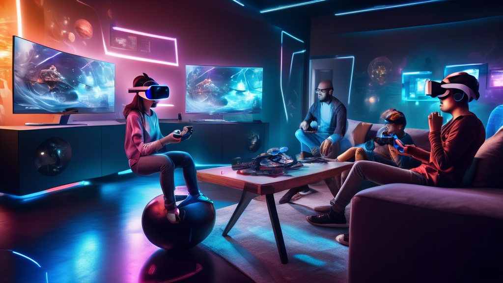 Create an image showing a futuristic gaming scene in a sleek, modern living room. A gamer is fully immersed in playing with a PS VR 2 headset, complete with high-tech controllers. Surrounding them, holographic displays show various stats and gameplay elements. In the background, other people are observing, clearly amazed by the advanced technology. Highlight futuristic elements and vibrant colors to emphasize the revolutionary impact of PS VR 2 on the gaming industry. Keywords: PS VR 2, futuristic gaming, high-tech, immersive experience.