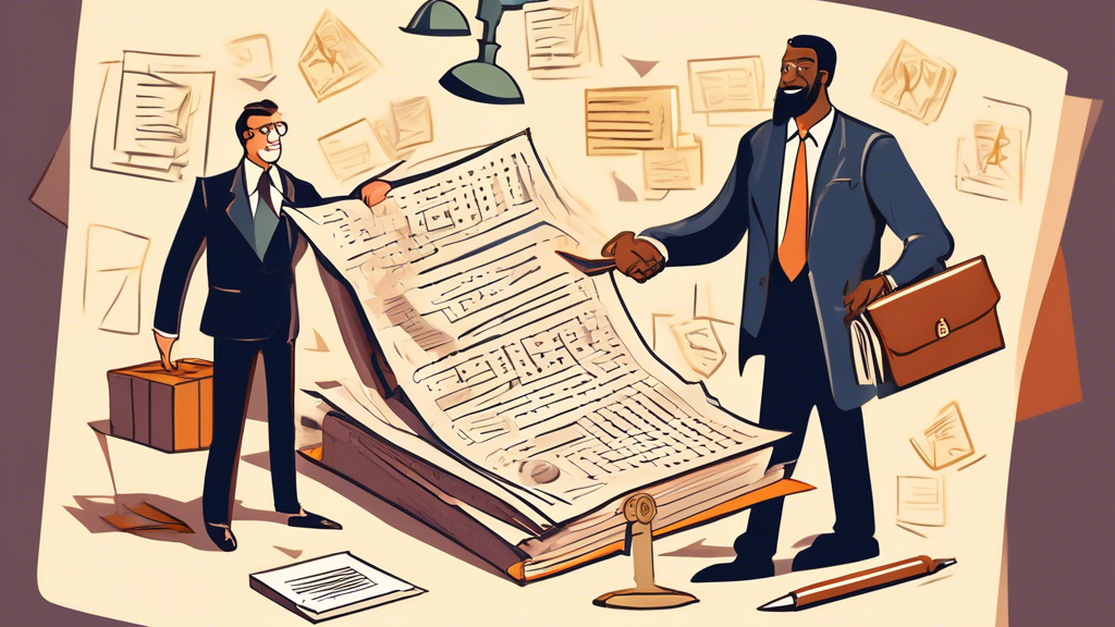 **DALL-E Prompt:** An illustration showing a confident personal damage lawyer guiding a client through a maze of complex legal documents and symbols, representing navigating the legal process. The lawyer has a reassuring smile and is wearing professional attire, while the client looks relieved and is holding a document labeled Compensation. The background depicts a courtroom with scales of justice and legal books, symbolizing the maximization of compensation and stress-free legal proceedings.